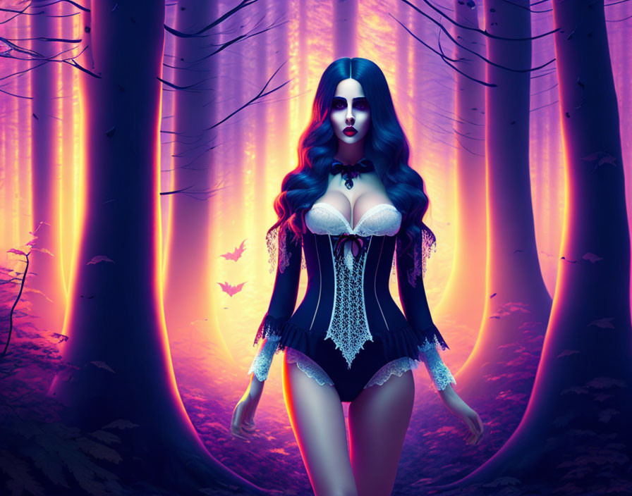 Illustrated gothic woman in corset in mystical purple forest with bats