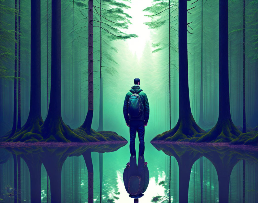 Person with backpack in symmetrical forest setting