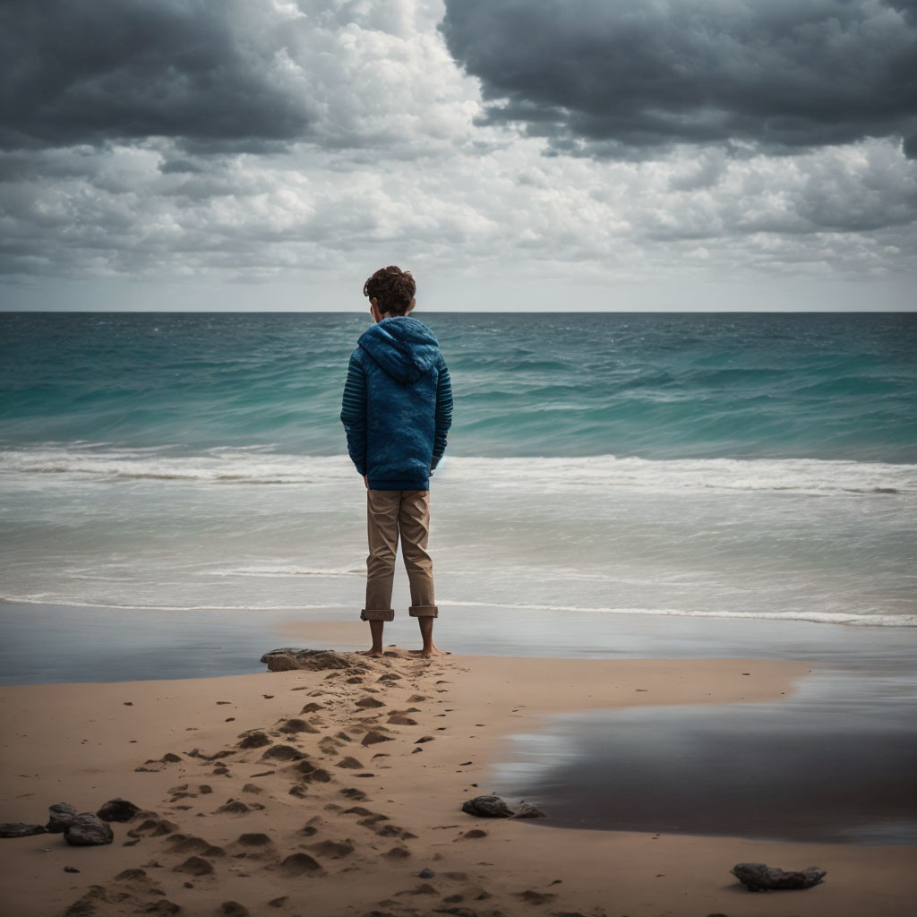 Solitary figure on sandy beach gazes at turbulent sea under cloudy sky