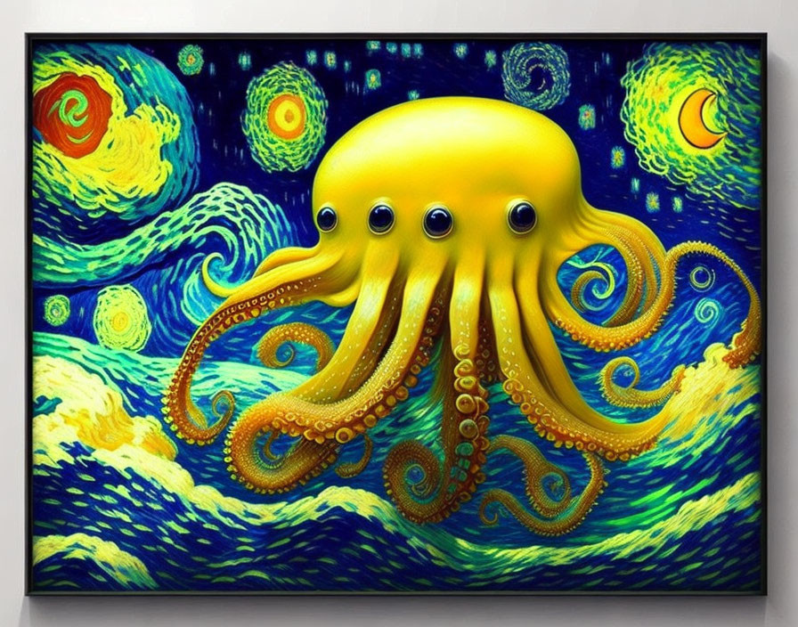 Colorful painting: Yellow octopus in Van Gogh's "Starry Night" style