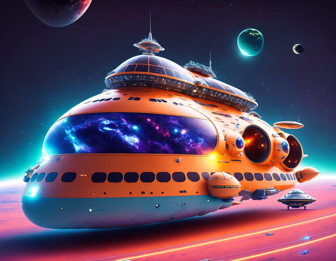 Orange Spaceship Surrounded by Nebulae, Planets, and Stars