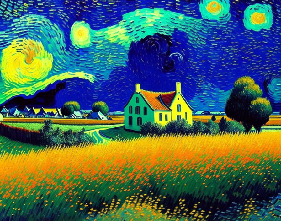 Vibrant painting of starry night sky over green house and yellow fields