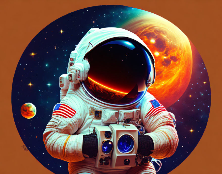 Astronaut in white space suit with reflective visor against vibrant galaxy, stars, planets