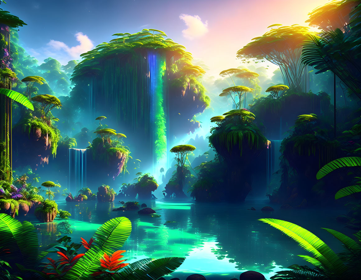 Majestic waterfalls, lush foliage, and reflective lake in vibrant landscape