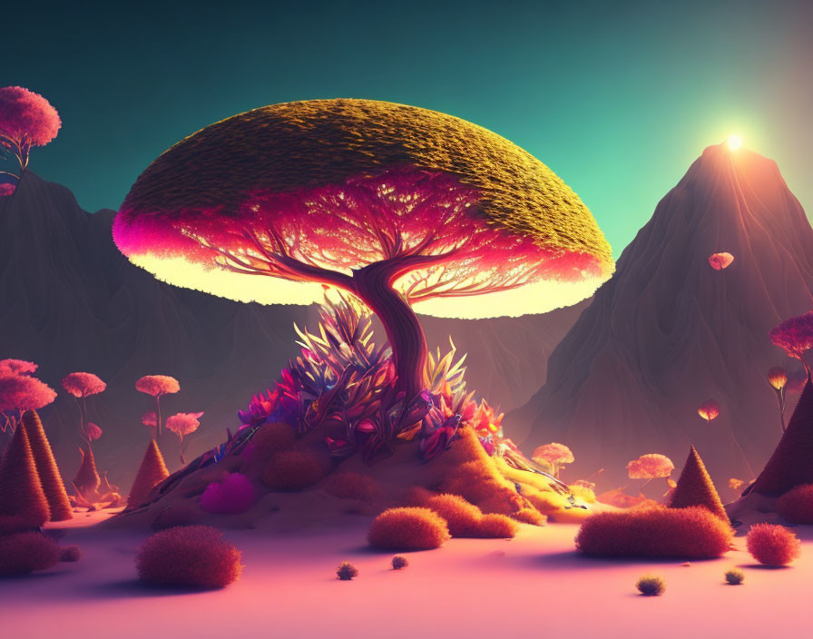 Colorful Flora and Mushroom-shaped Tree in Sunset Fantasy Landscape