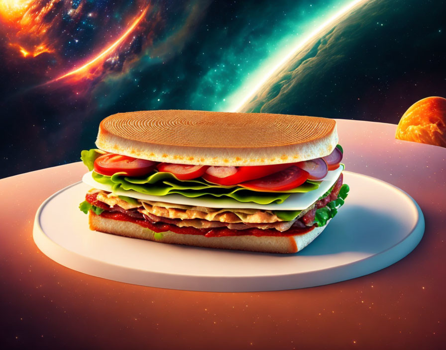 Sandwich with lettuce, tomato, meats on plate with cosmic backdrop.