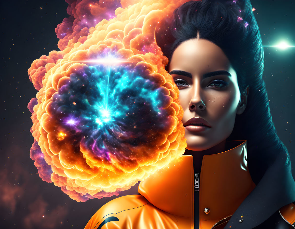 Cosmic-themed makeup on female figure in slick spacesuit against vibrant nebulae backdrop