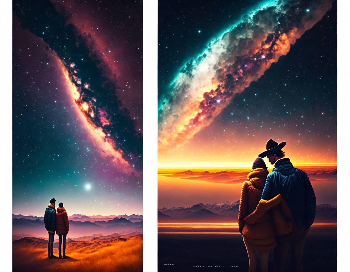 Couple in warm clothing admiring colorful starry sky above mountains