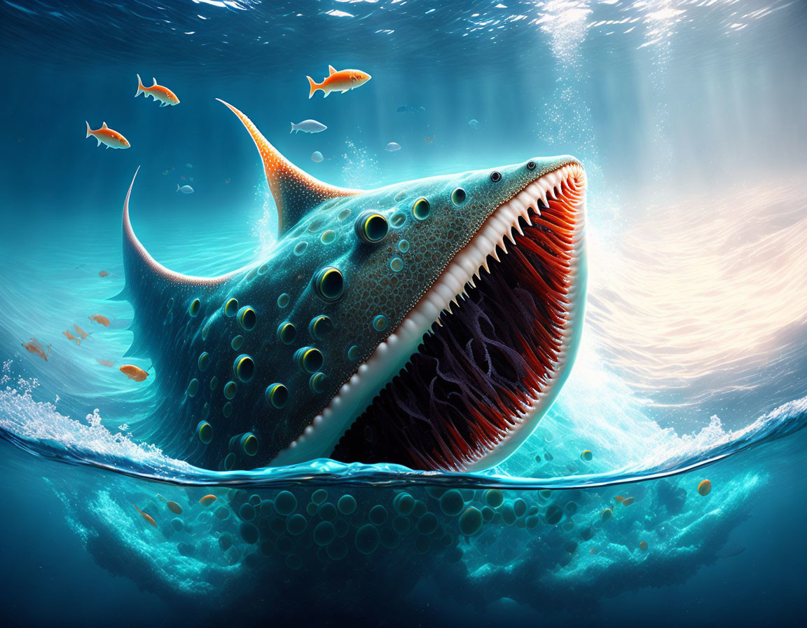 Large Fantastical Fish with Sharp Teeth Breaching Water Amid Smaller Fish in Blue Underwater Scene