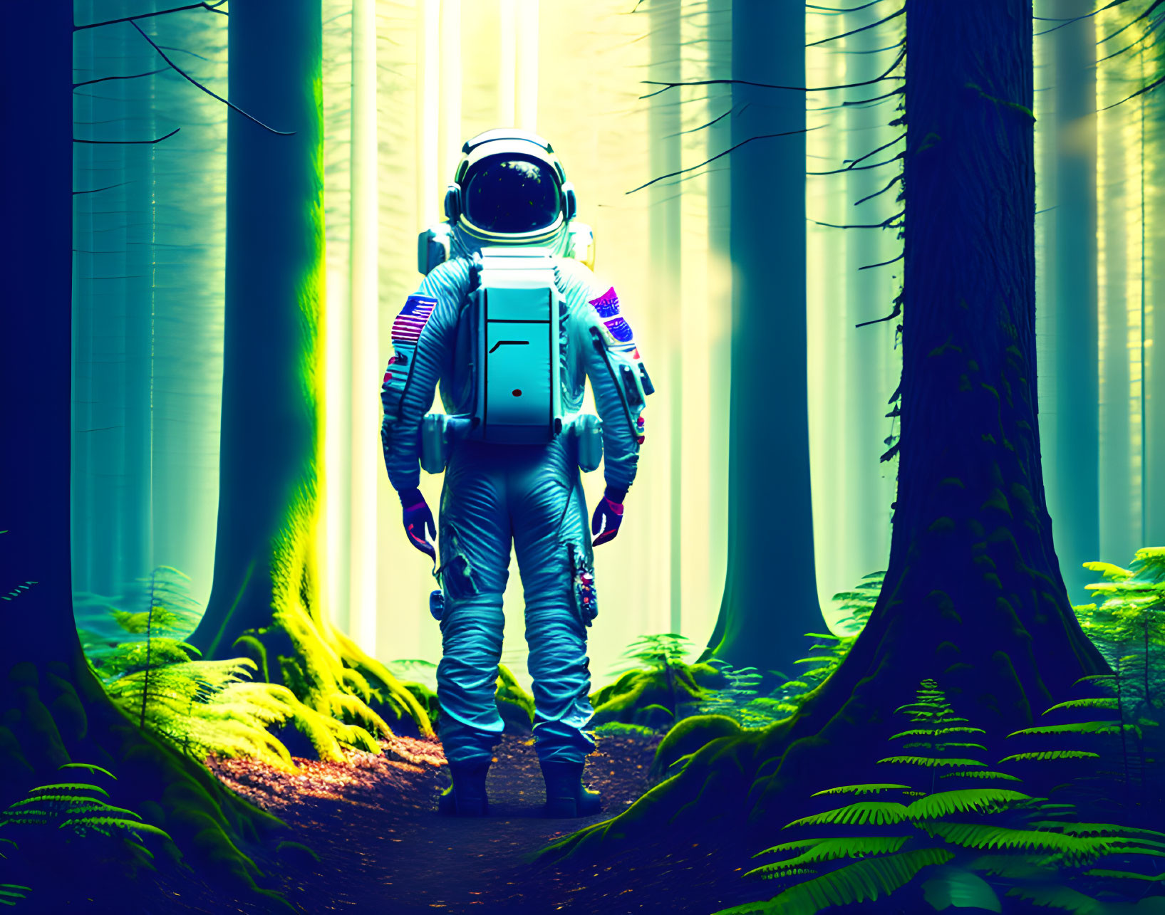 Astronaut in forest with sunlight filtering through trees