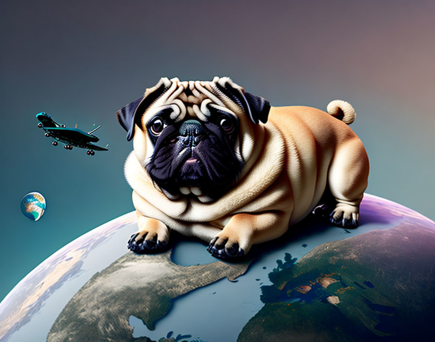 Pug dog sitting on stylized Earth with airplane and distant planet in background