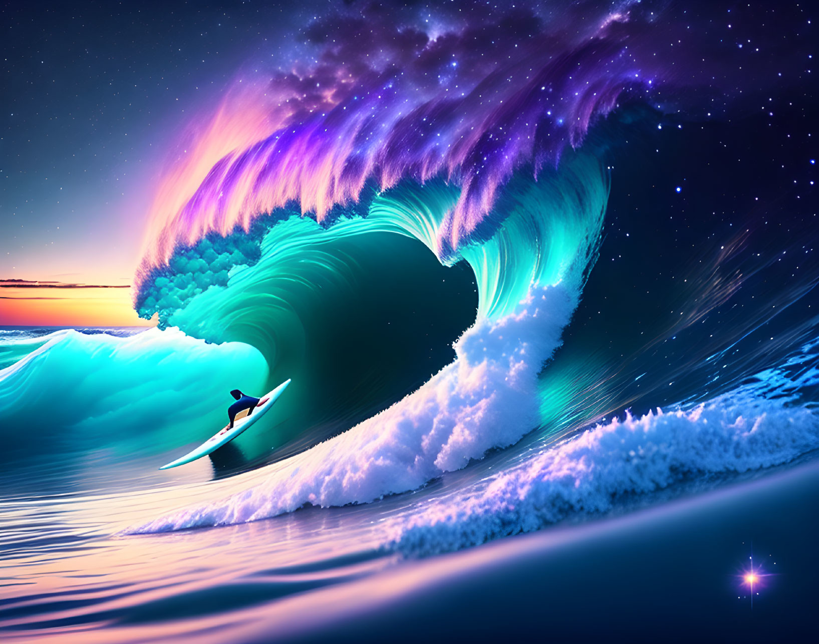 Surfer riding vibrant cosmic wave under starry night sky