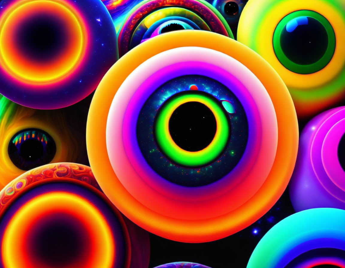 Colorful Abstract Spheres with Glowing Rings and Textures