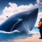 Diver on coral reef encounters breaching whale in blue sky