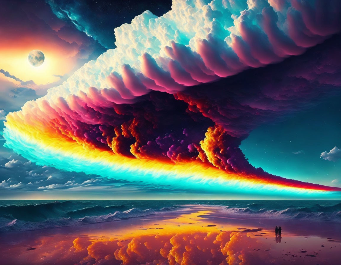 Colorful digital artwork: Giant rainbow cloud, moonlit sea, silhouetted figures