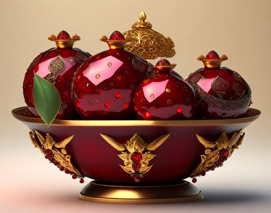 Jewel-encrusted pomegranates in ornate gold bowl on beige background