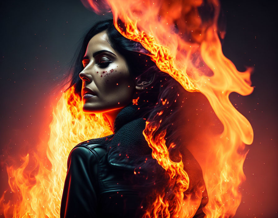 Dark-haired woman in profile view engulfed by bright flames on dark red background
