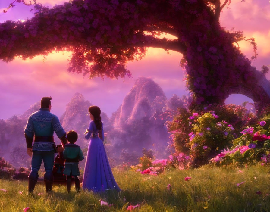 Family admiring sunset under blossoming tree with purple foliage and mountain landscape.