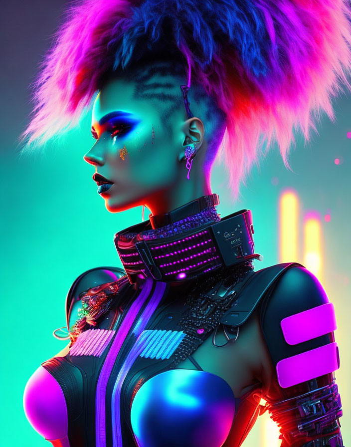 Futuristic cyberpunk portrait with neon lighting and female figure in mohawk and tech attire