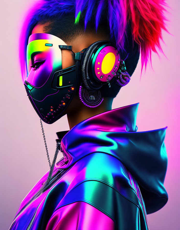 Futuristic attire with vibrant visor and metallic jacket on pink background