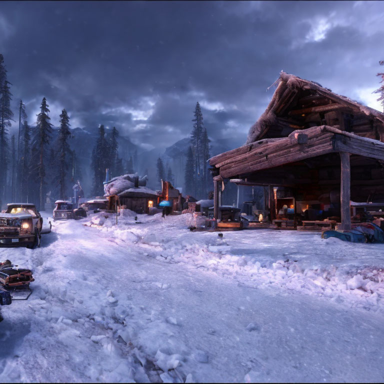 Snow-covered cabins, fire pit, vehicles, and forest in wintry dusk scene