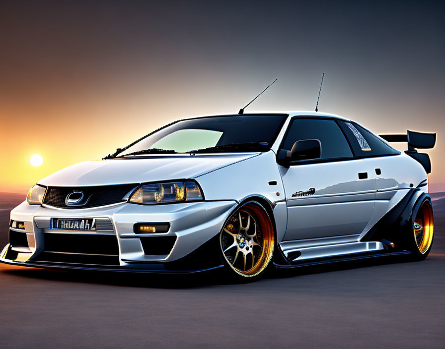 Custom White Sports Car with Gold Rims and Rear Spoiler at Sunset