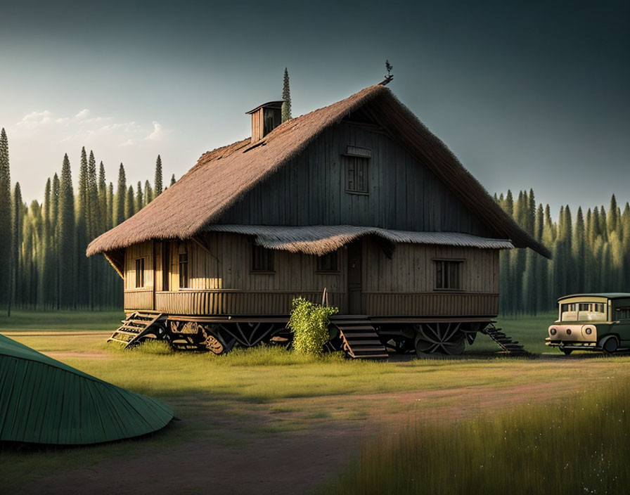 Traditional wooden house on stilts in rural setting with old-fashioned car and green tent.