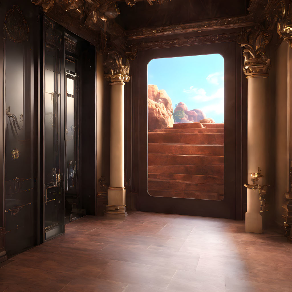 Vintage Room Door Opens to Desert Landscape with Red Rocks