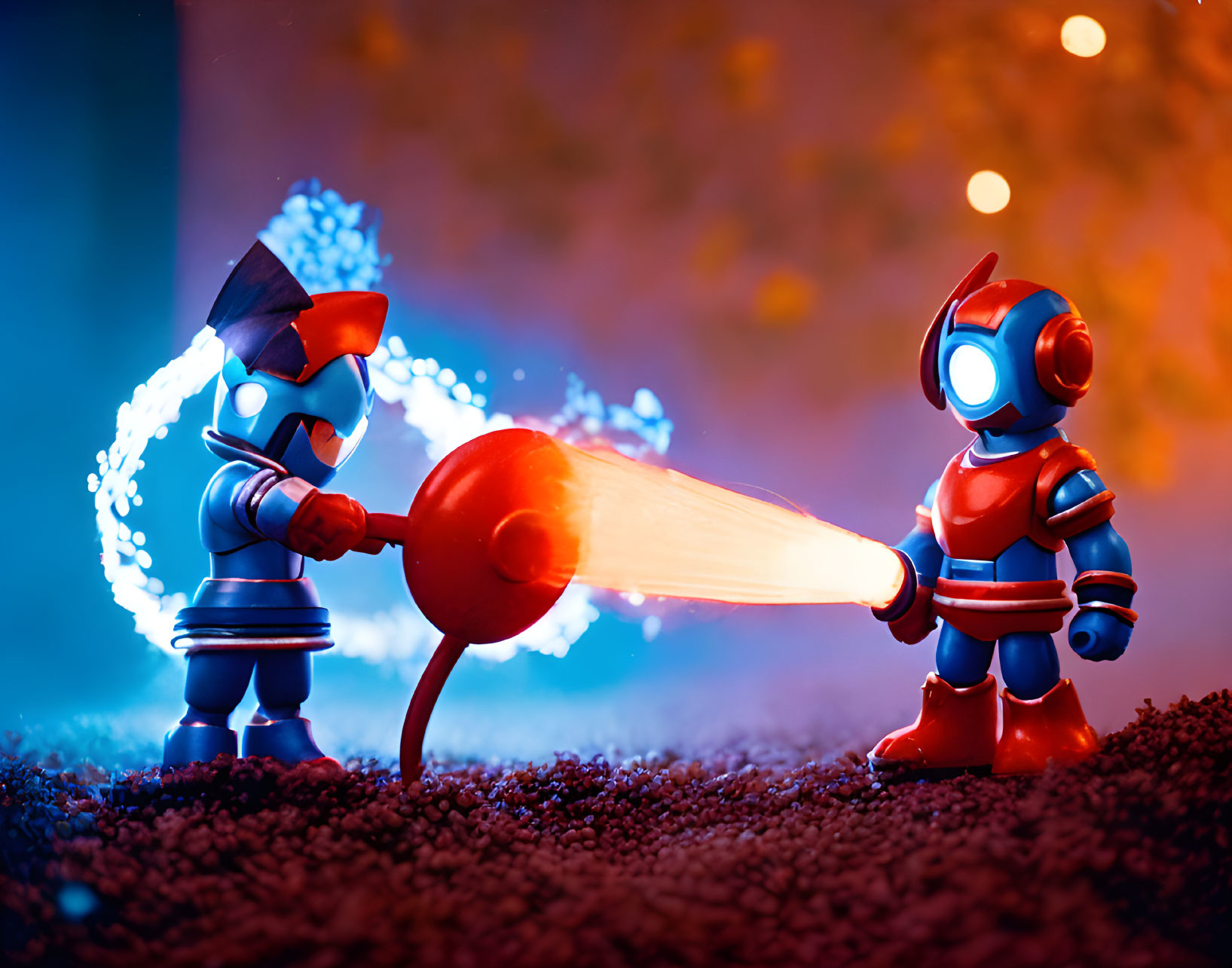 Toy robots in red and blue duel with a fire hose in dramatic lighting