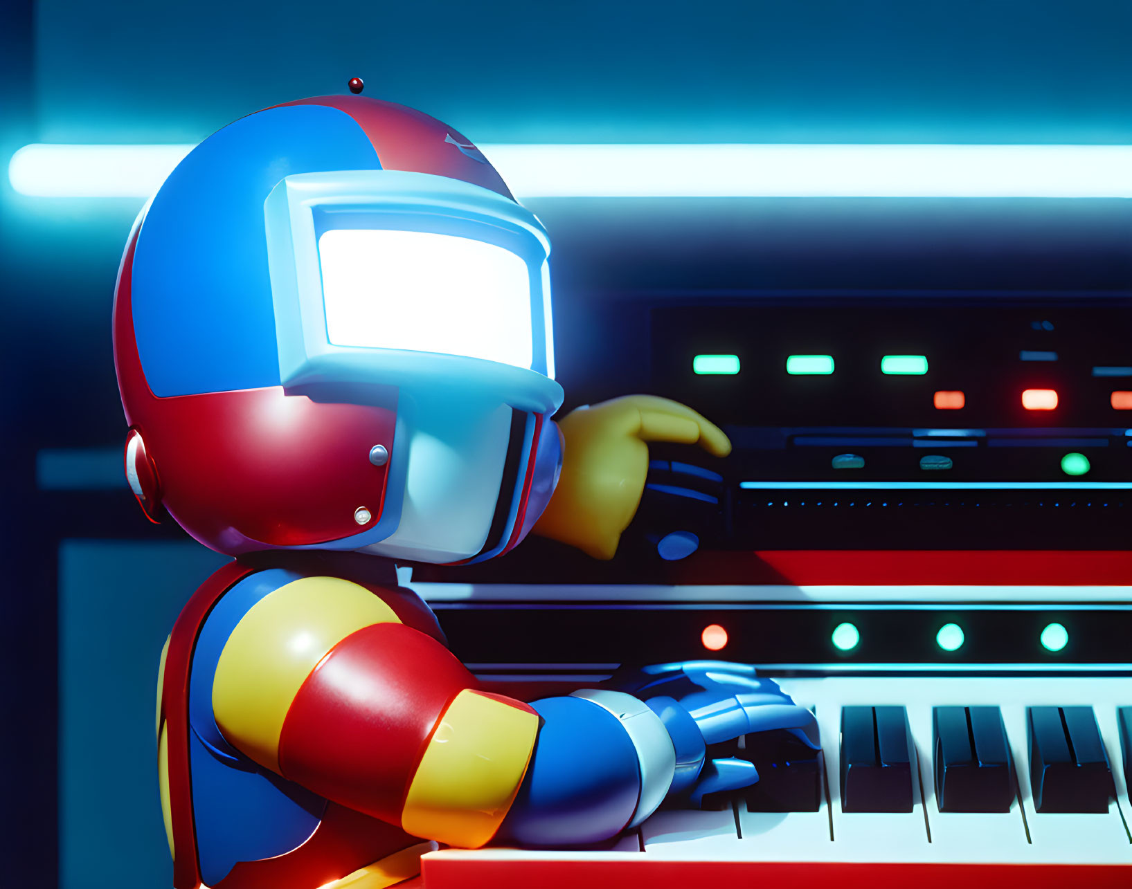 Stylized robot with blue and red helmet playing light-up keyboard under neon lights