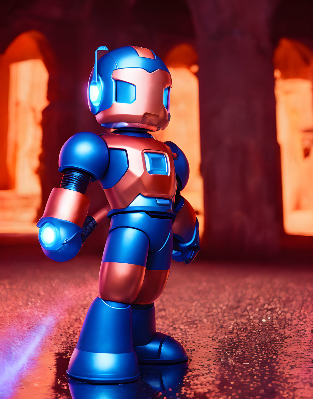 Toy Figure of Iron Man in Blue Suit in Moody Red-Lit Futuristic Cave