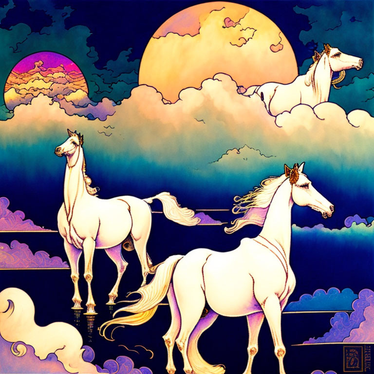 Illustration of three white horses under a golden moon in a vibrant sky