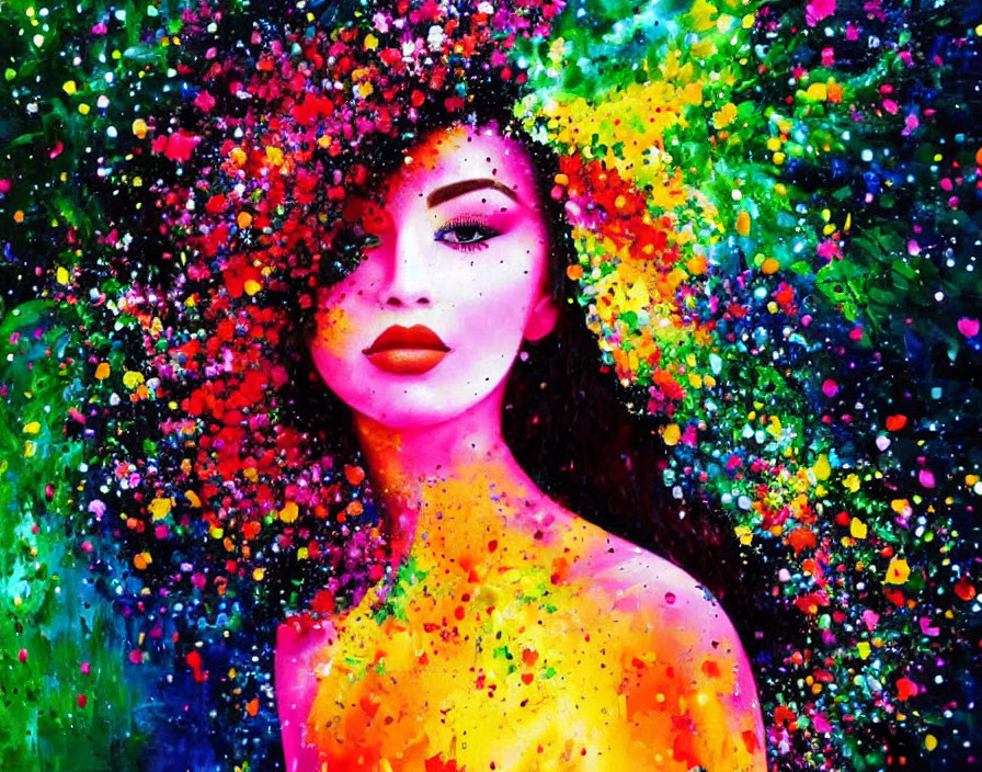 Colorful cosmic nebula-inspired painting of a woman blending with starry hues