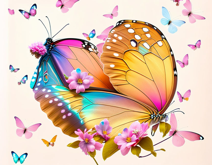 Colorful Butterfly Artwork with Floral Patterns and Smaller Butterflies