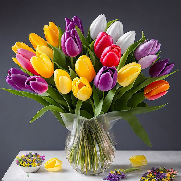 Colorful Tulip Bouquet in Clear Vase on Tabletop