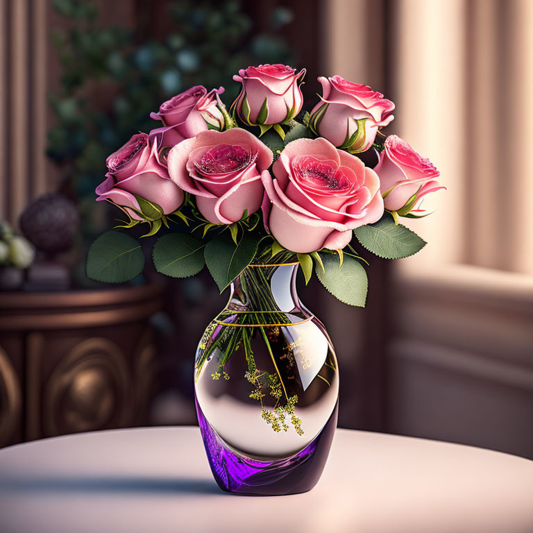 Pink Roses with White Edges in Purple Vase