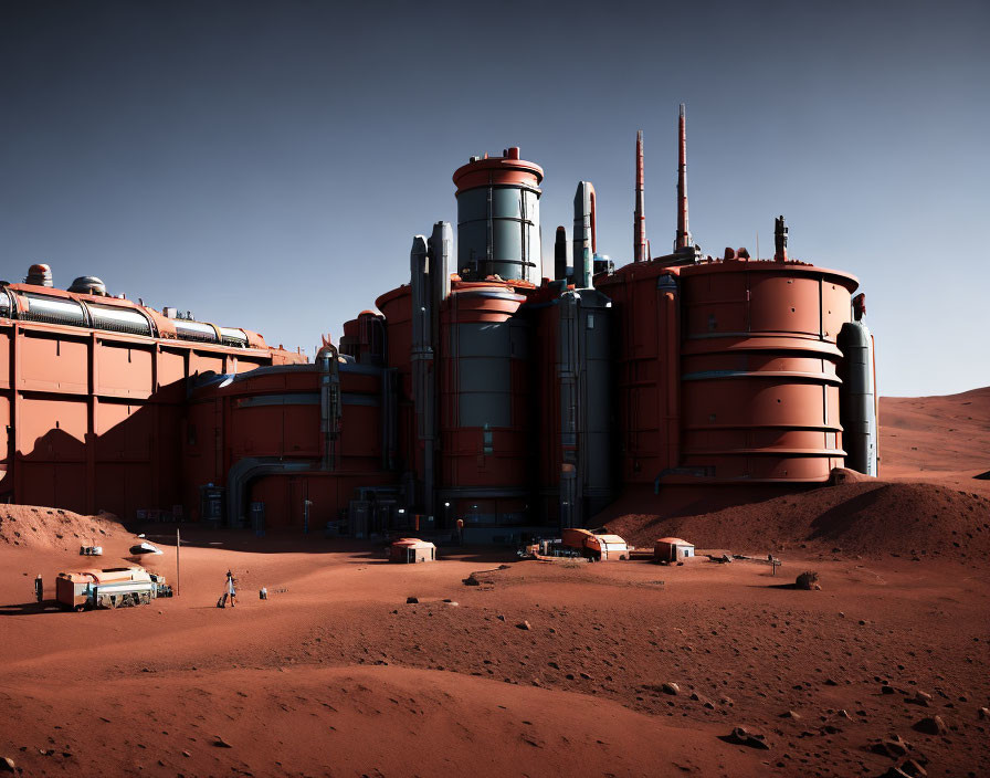 Futuristic Martian Colony with Red Structures and Antennas