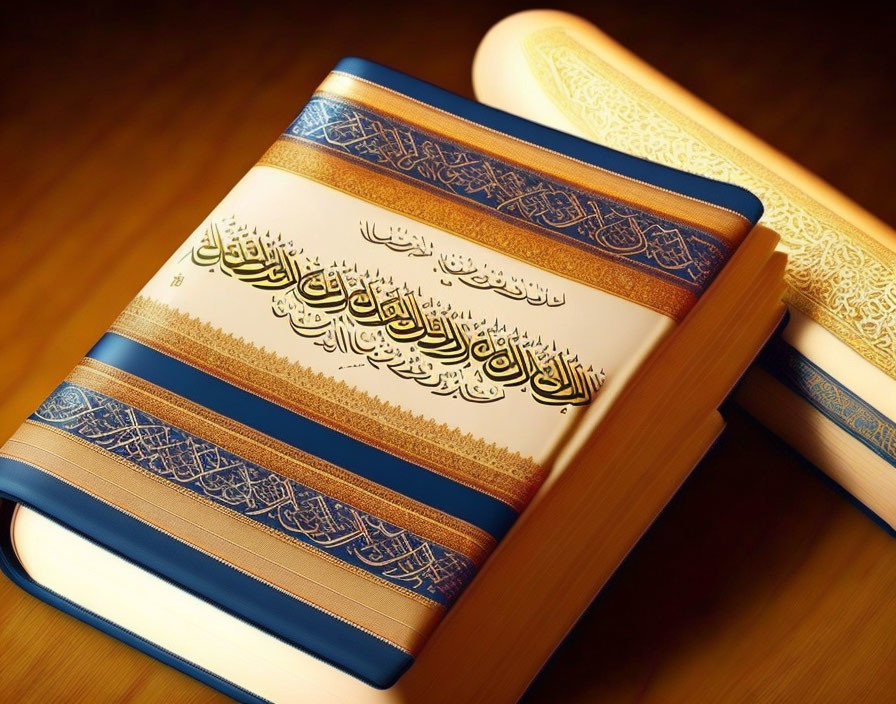 Ornate Arabic script hardcover books with golden and blue designs on wooden surface