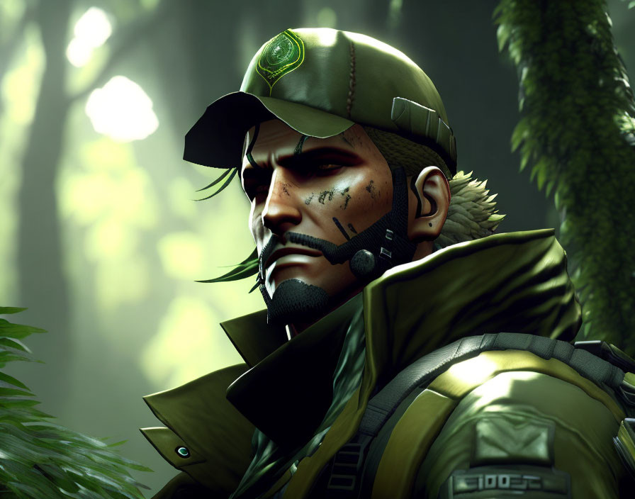 Digital artwork of stern soldier with face camouflage and green beret in misty woods