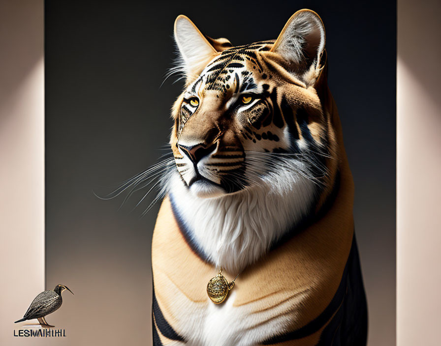 Majestic tiger in black sweater and gold pendant on gradient background