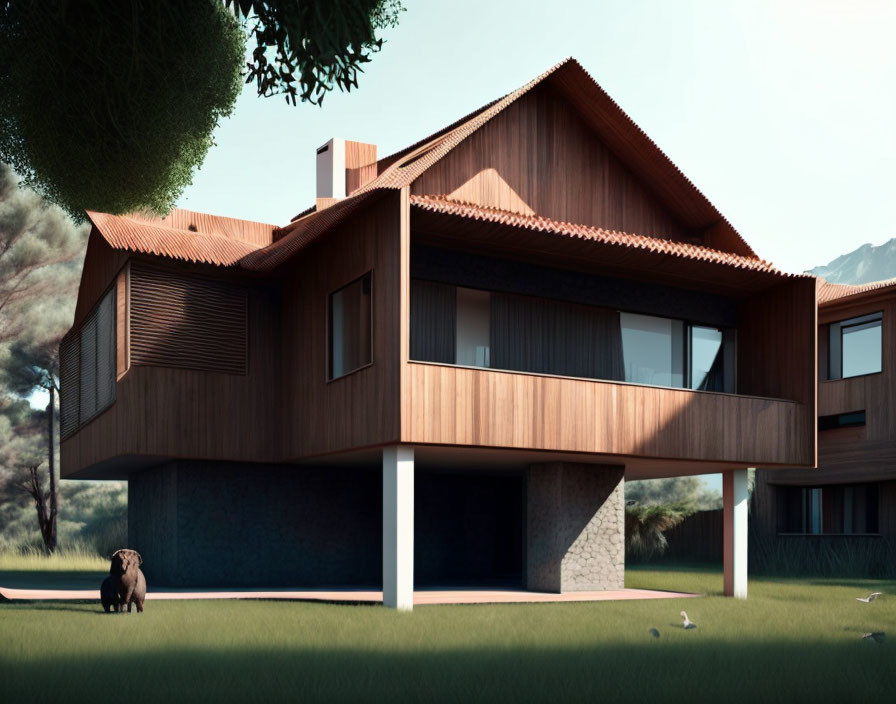 Two-story wooden house with large windows and dog in natural setting