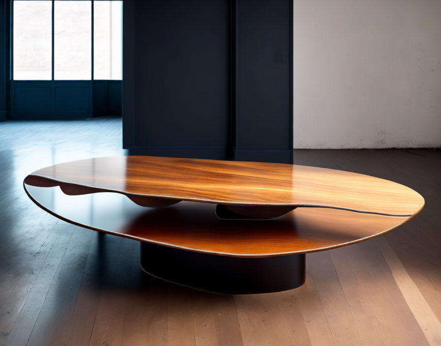 Modern Wooden Table with Glossy Finish and Curved Edges in Room with Herringbone Floor