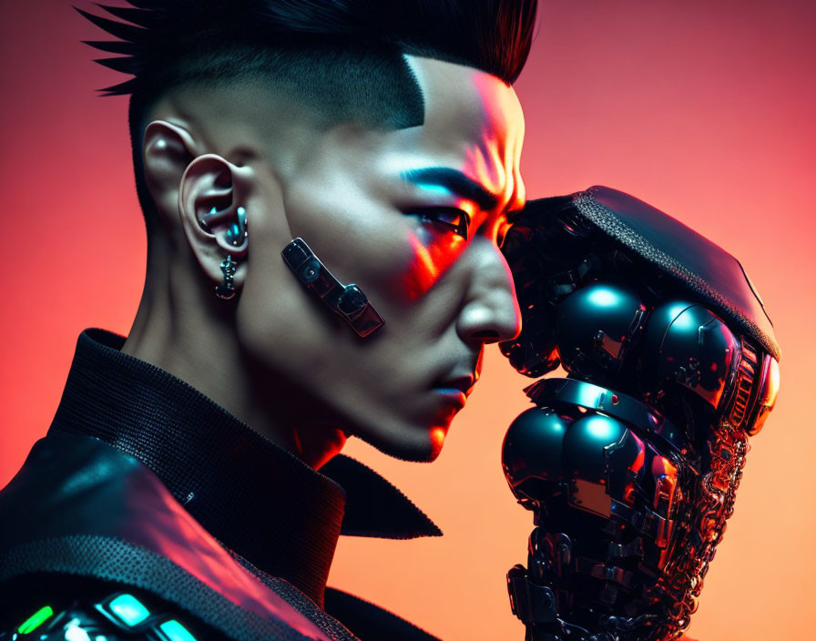 Modern haircut, multiple ear piercings, and robotic figure under red and blue lighting