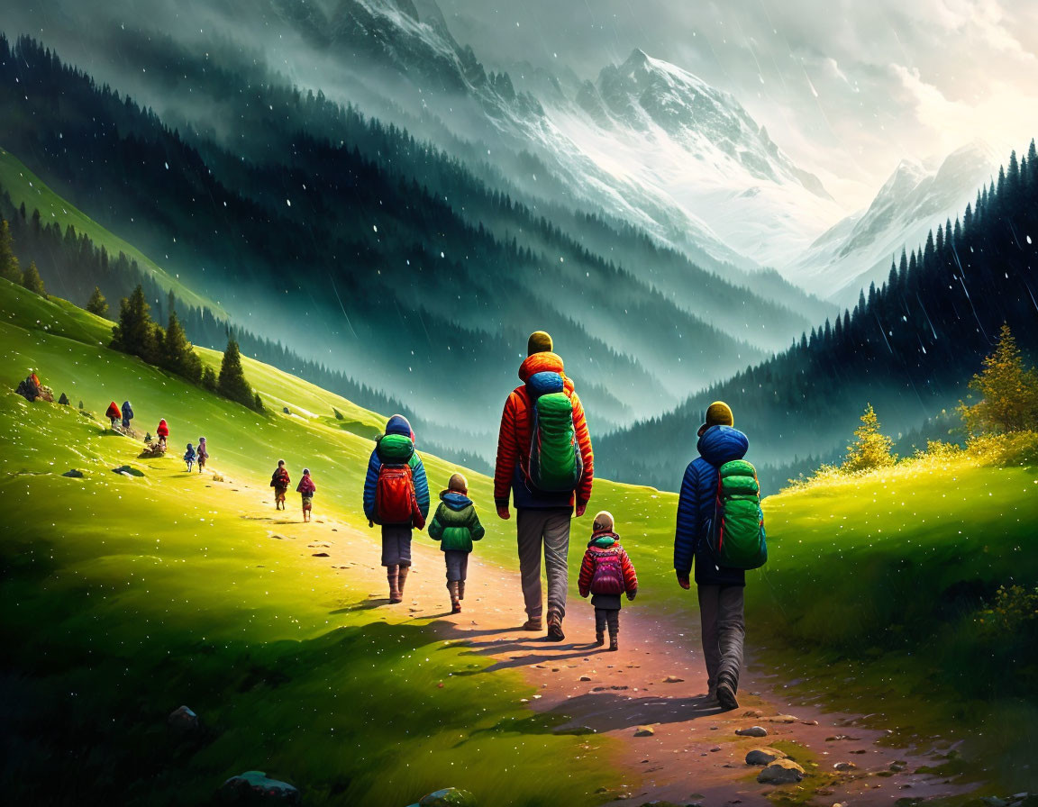 Family Walking in Lush Green Mountain Valley with Children and Snowfall