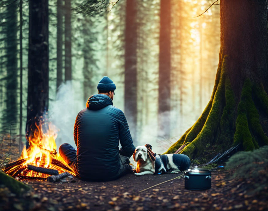 Person and dog by campfire in misty forest with cooking pot - cozy, adventurous scene