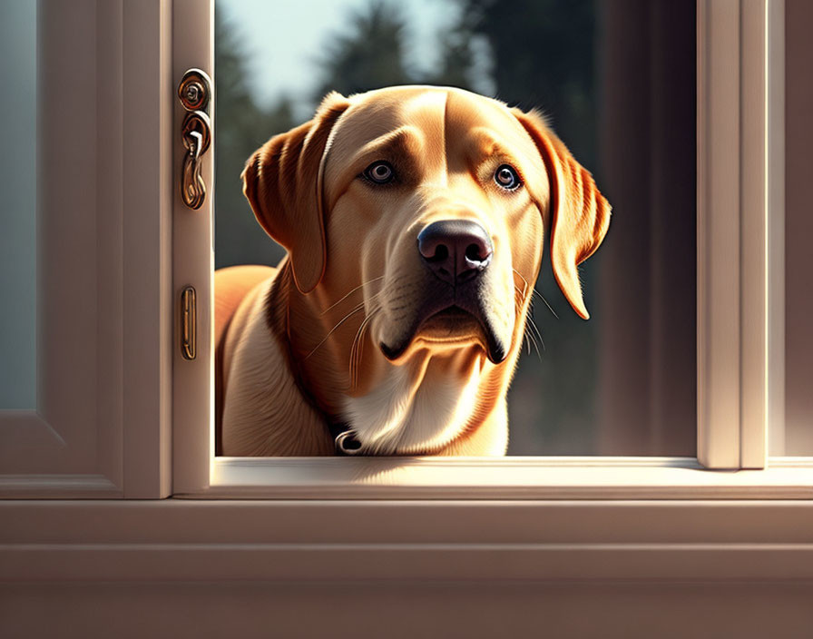 Brown Labrador Dog Gazing Through Sunlit Window