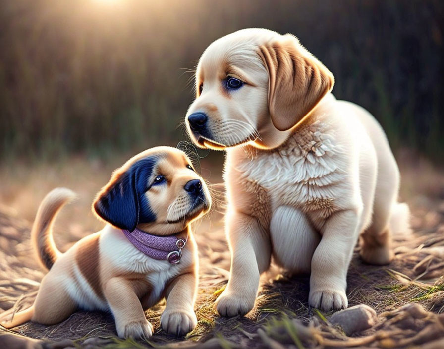 Two cute puppies in sunny scene, one with pink collar