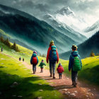 Family Walking in Lush Green Mountain Valley with Children and Snowfall