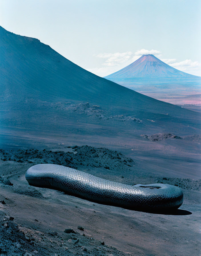 Barren landscape with snake-like sculpture and distant volcano under blue sky