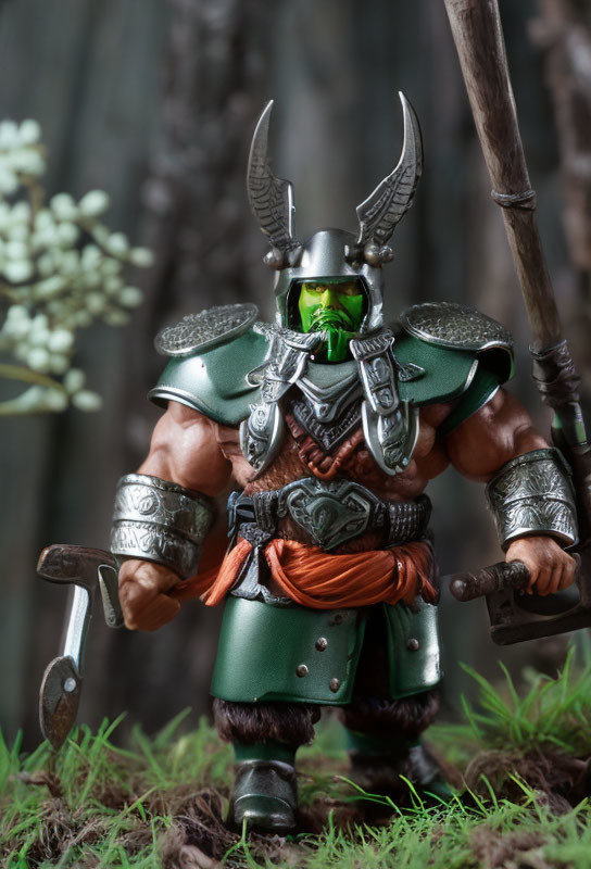 Detailed Fantasy Orc Warrior Action Figure with Spear and Axe in Armor